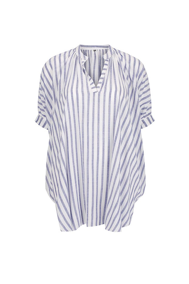 Ghost mannequin of blue and white striped coverup with v neckline