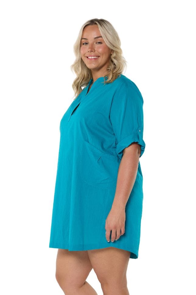 Model showing side of ocean blue cotton over shirt