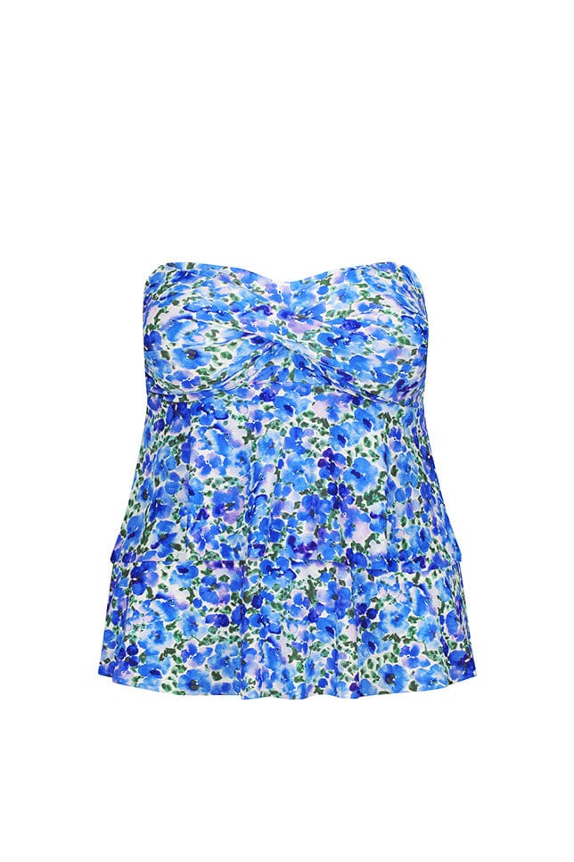 Ghost mannequin of blue and white floral tiered tankini top