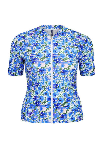 Ghost mannequin of short sleeve rash vest in blue and white water coloured floral print