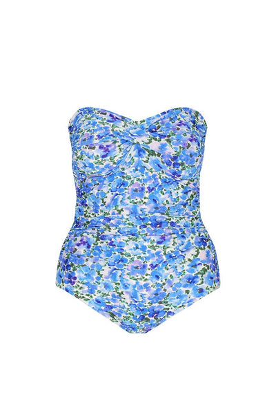 Ghost mannequin of twist front bandeau one piece in water coloured blue and white floral print