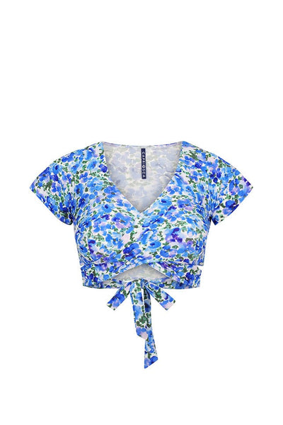 Ghost mannequin of curvy plus size wrap bikini top in floral blue and white