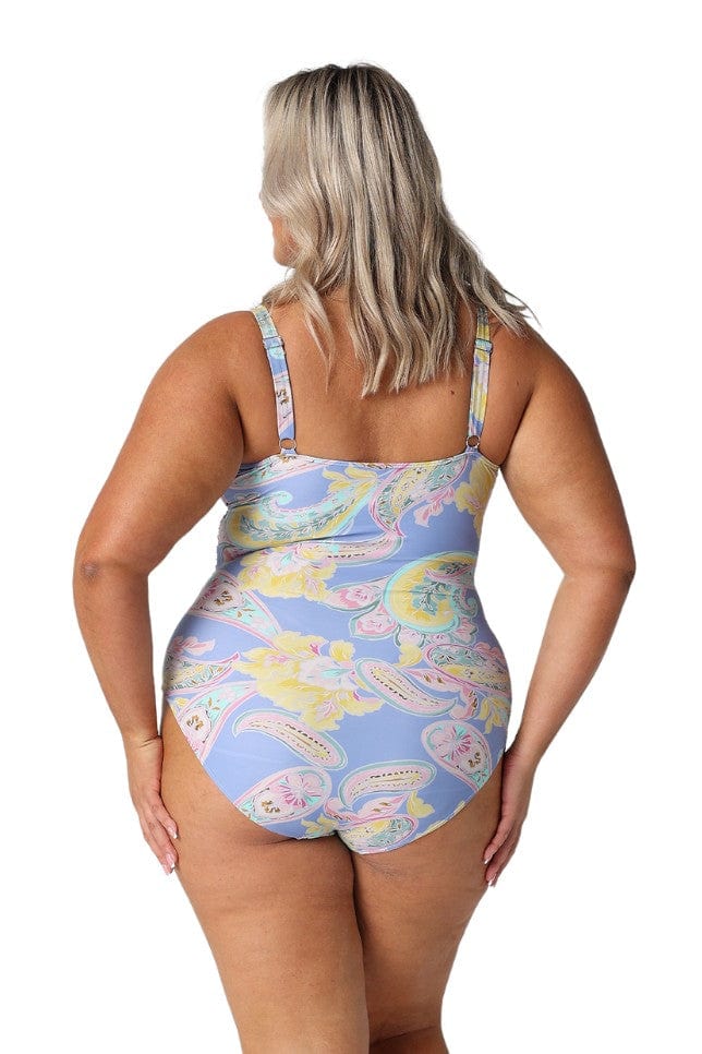 Back of model showing of curvy high neck swimsuit with adjustable straps