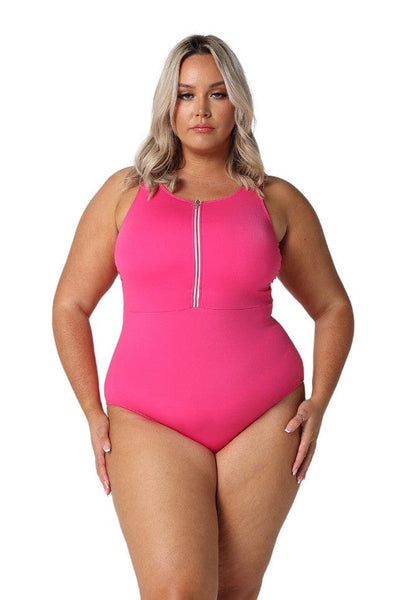 Model showing front of pink womens swimsuit