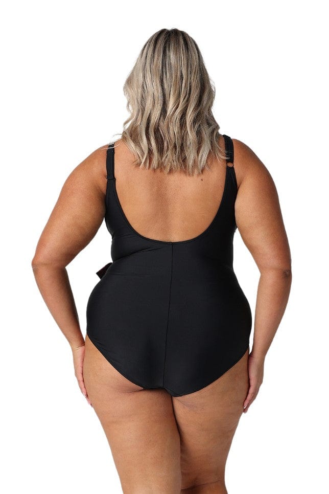 Back of model in studio wearing low scoop back one piece for curve women australia