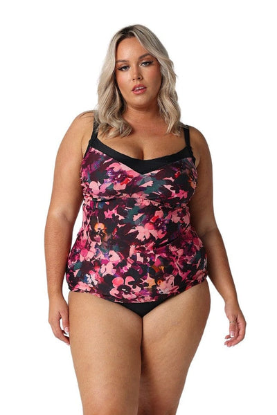 Blonde model in studio wearing underwire tankini top for curvy women