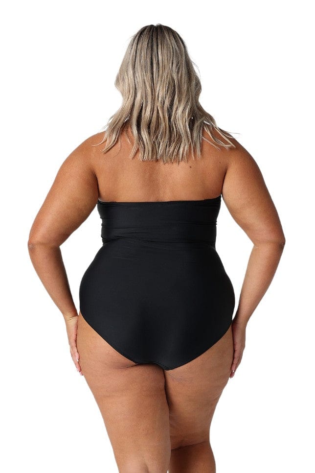 Model showing back of black strapless one piece