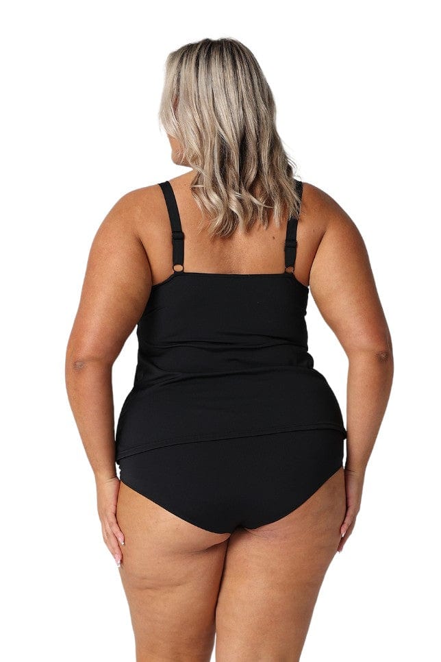 Back of plus size model in studio wearing tankini top with adjustable straps Australia