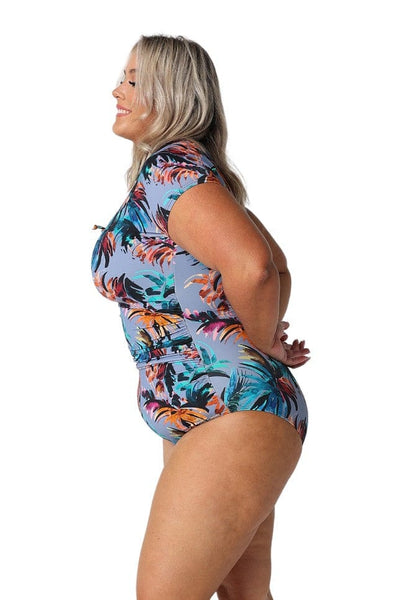 Side profile of tie front one piece with sleeve and stomach ruching