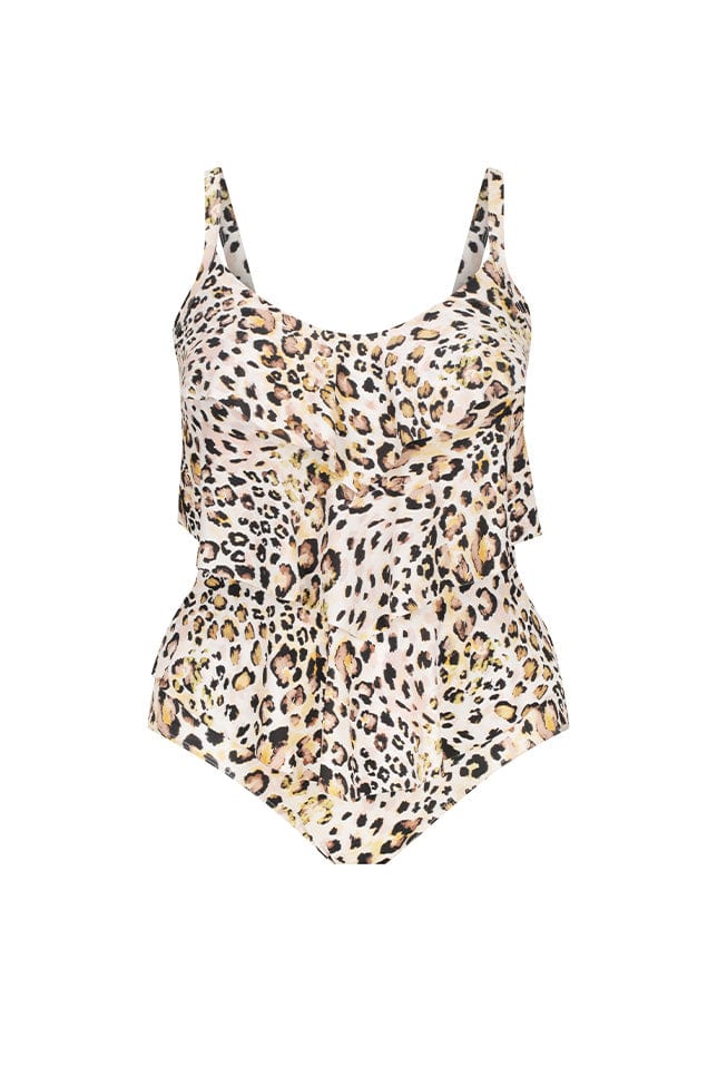 Ghost mannequin of animal print one piece with ruffles on the front
