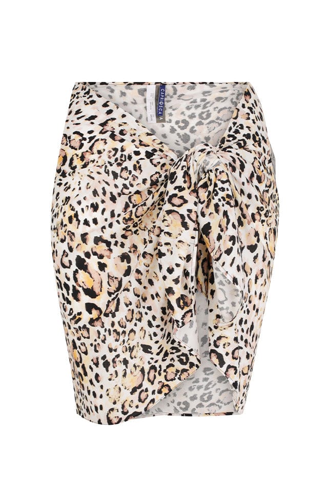 Ghost mannequin of leopard print wrap skirt with tie