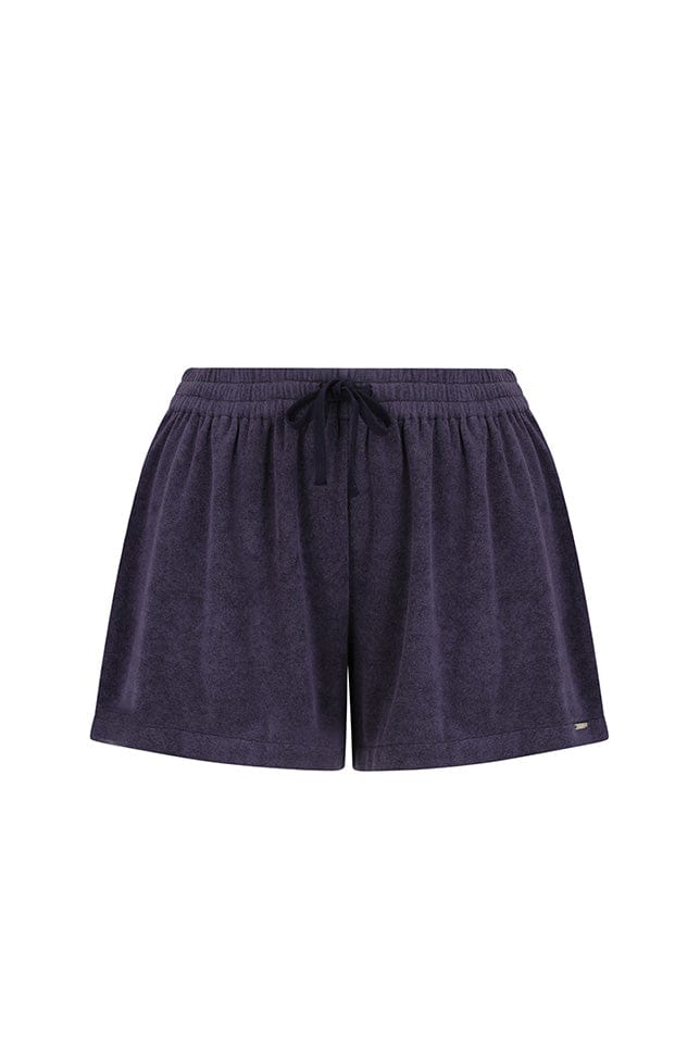 Ghost mannequin of high waisted navy terry towelling shorts with drawstring