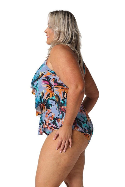 Side of curve model in studio wearing curvy one piece with ruffle detail on front