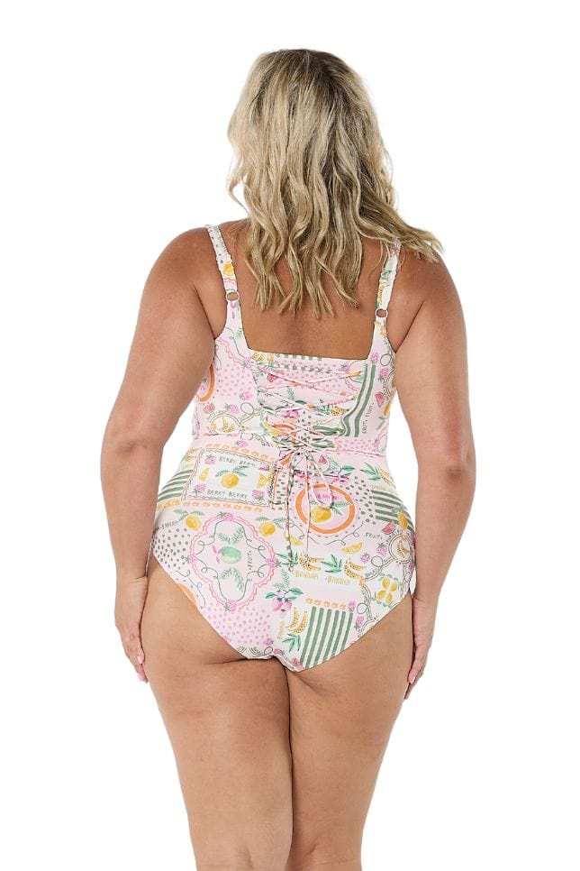 Plus size model wearing one piece with tie up corset detail at back with adjustable straps