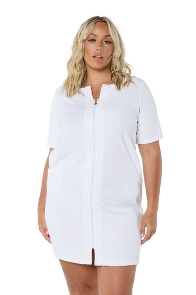 Ghost mannequin of blonde women wearing short sleeve cover up dress in terry towelling