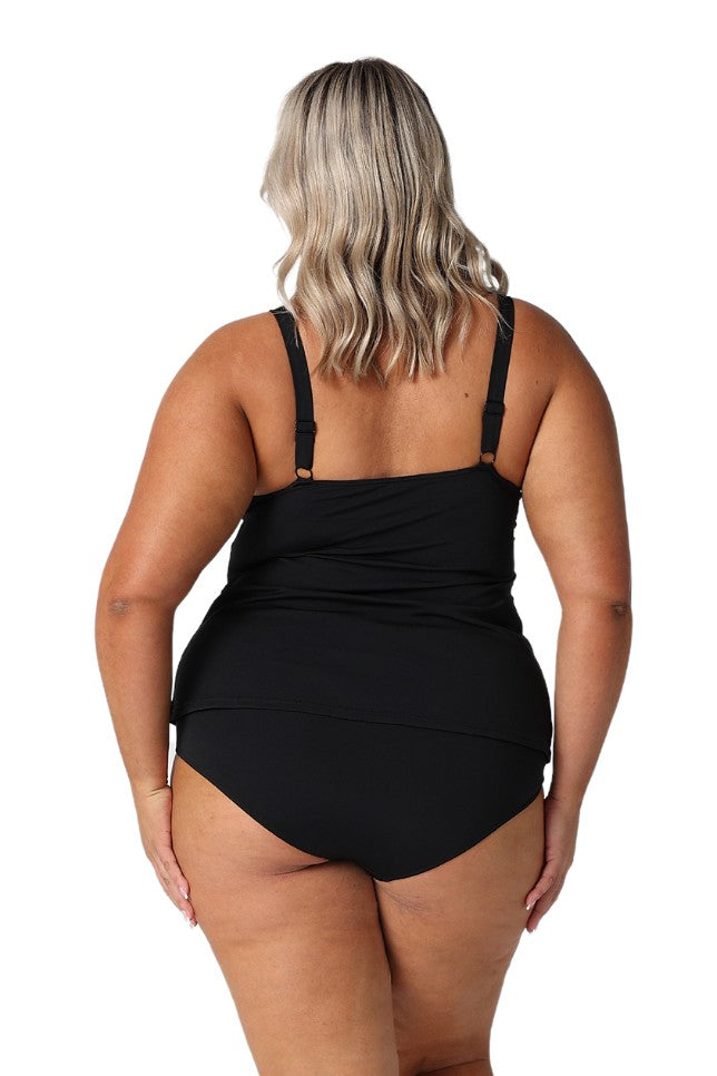 Model showing back of black floral tankini top