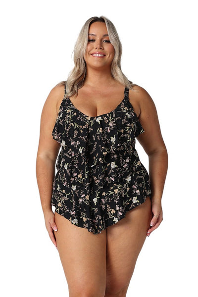 Model wearing black floral 3 tier swim tankini