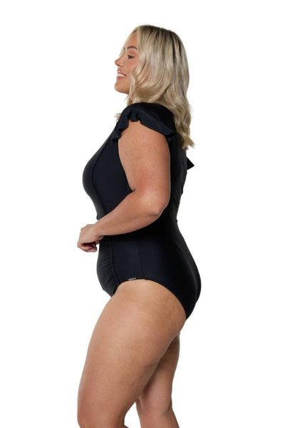 Model showing side of black frill sleeve swimsuit