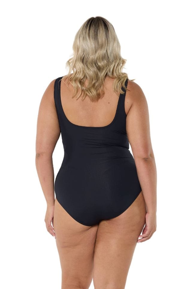 Model showing back of black mesh front swimsuit