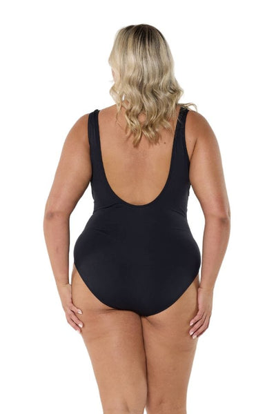 Model showing back of women's black tankini top