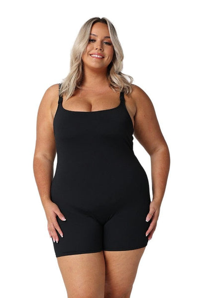 Blonde curve model in studio wearing flattering boyleg one piece in chlorine resistant