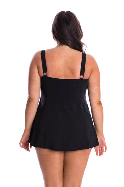 Model showing back of black swim dress