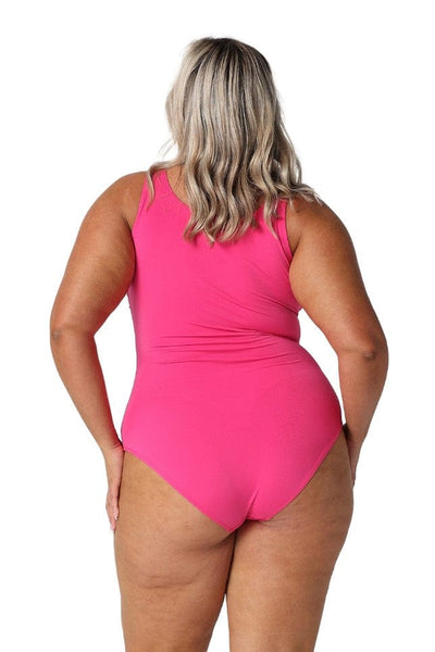 Model showing back of pink womens one piece swimsuit