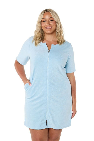 Blonde women in studio wearing zip front short dress with sleeves for curve women