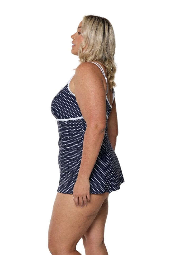 Model showing side of navy and white dots underwire dress