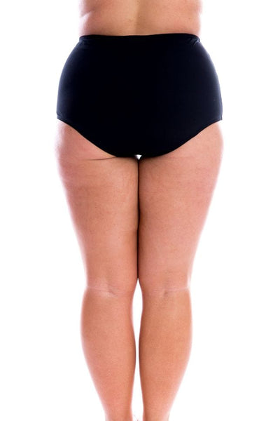 model showing back of black high waisted swim pant