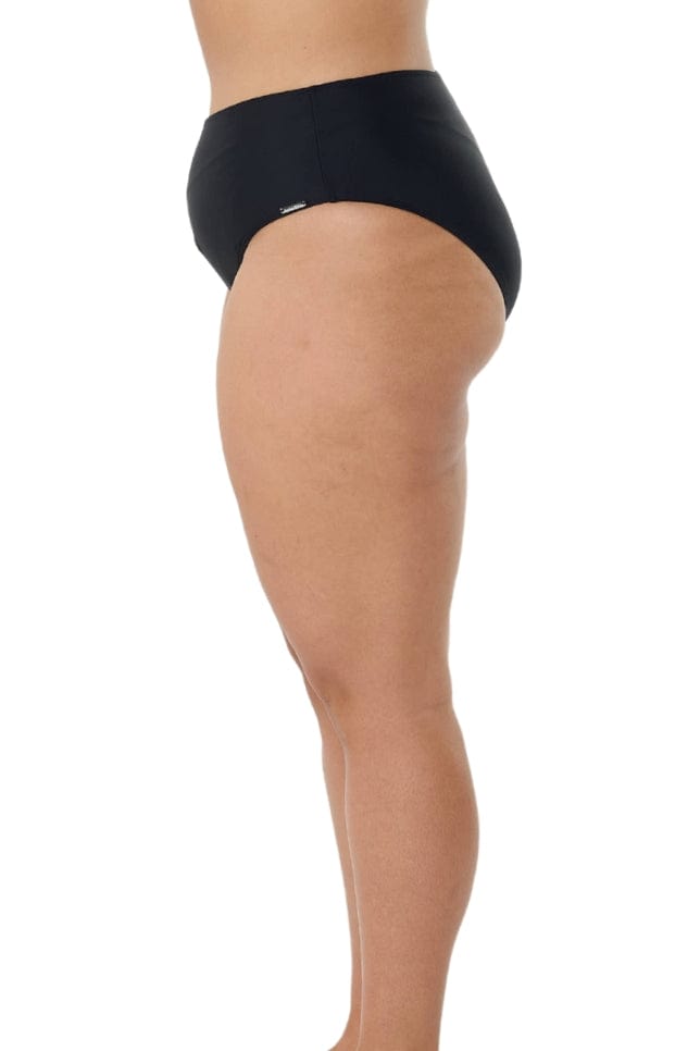 model showing side of black high rise pant