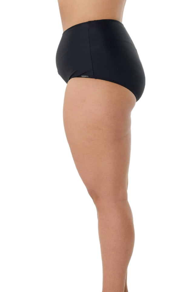 model showing side of black high waisted swim pant