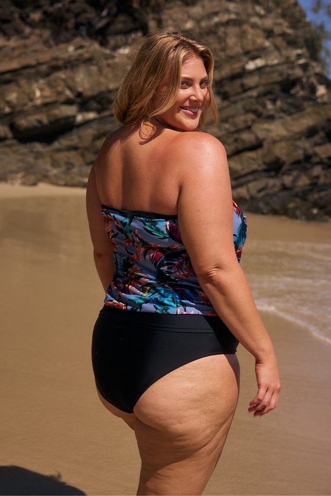 model showing back of tropical print strapless tankini