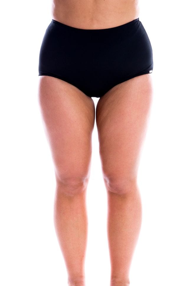 model wearing black chlorine resistant bikini bottoms