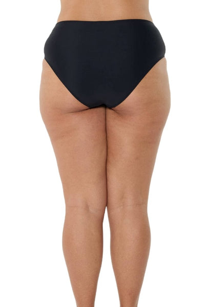 model showing back of black high rise swim bottom