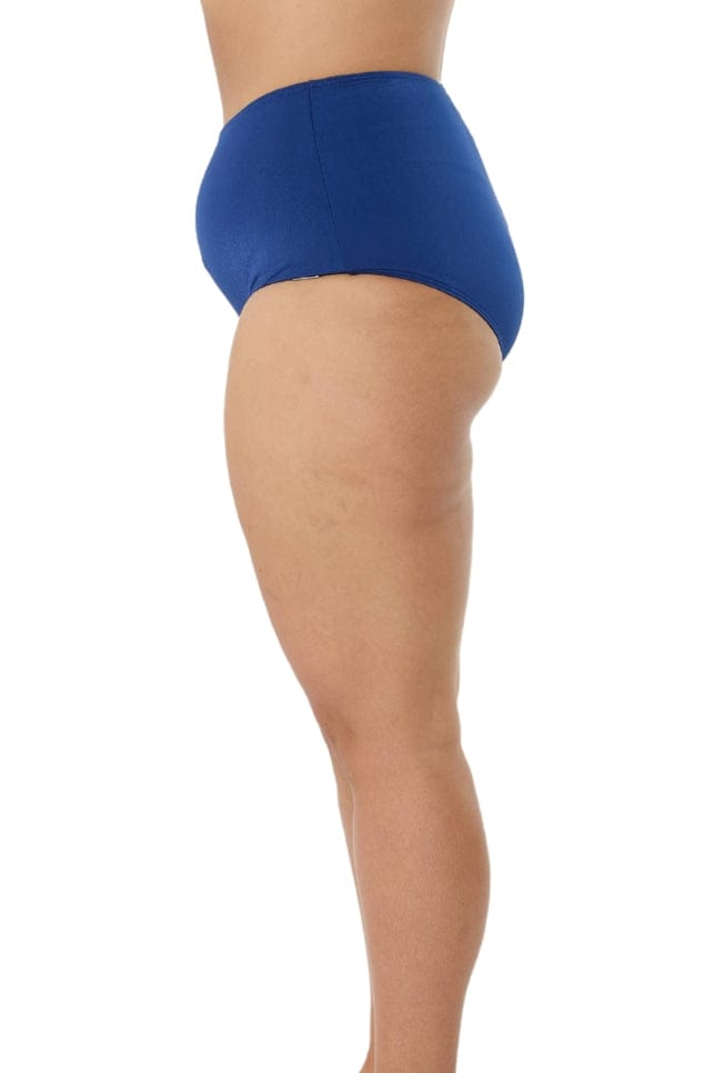 model showing side of navy high waisted swim bottoms