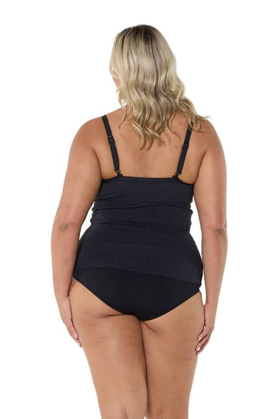 Blonde model wearing black honey comb textured underwire tankini