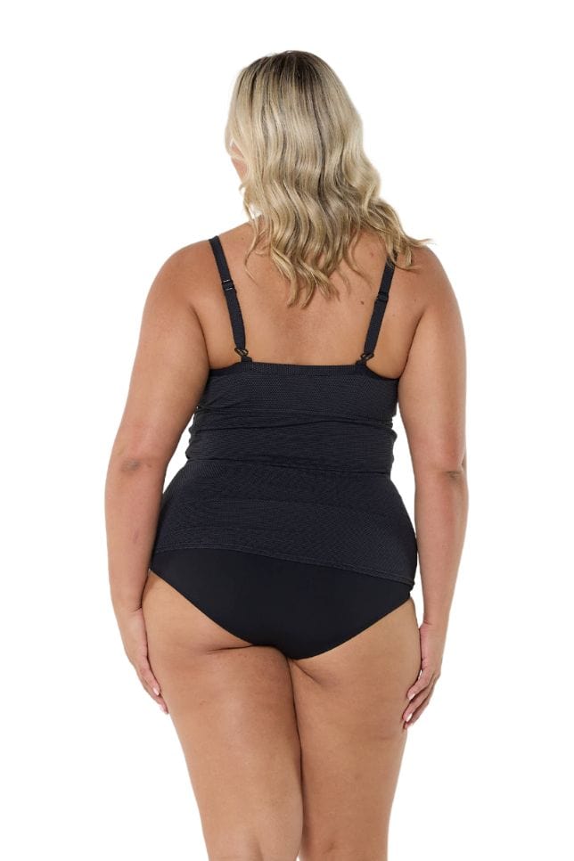 Blonde model wearing black honey comb textured underwire tankini