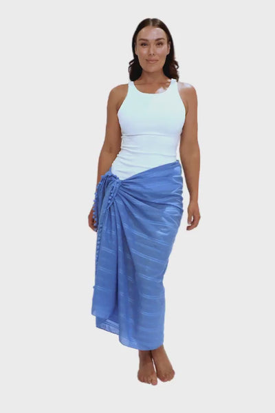 Model wearing cobalt blue cotton sarong