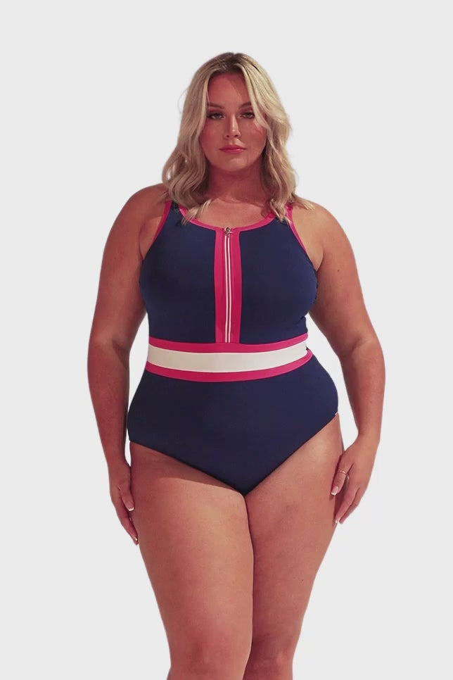Video of model showing off curvy one piece with zip front closure