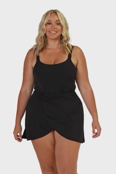 Video of model showing pool proof swim skirt in black