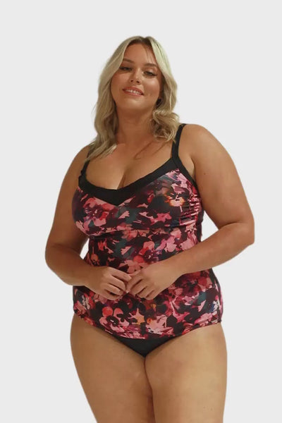 Video of model wearing flattering underwire tankini top with adjustable straps