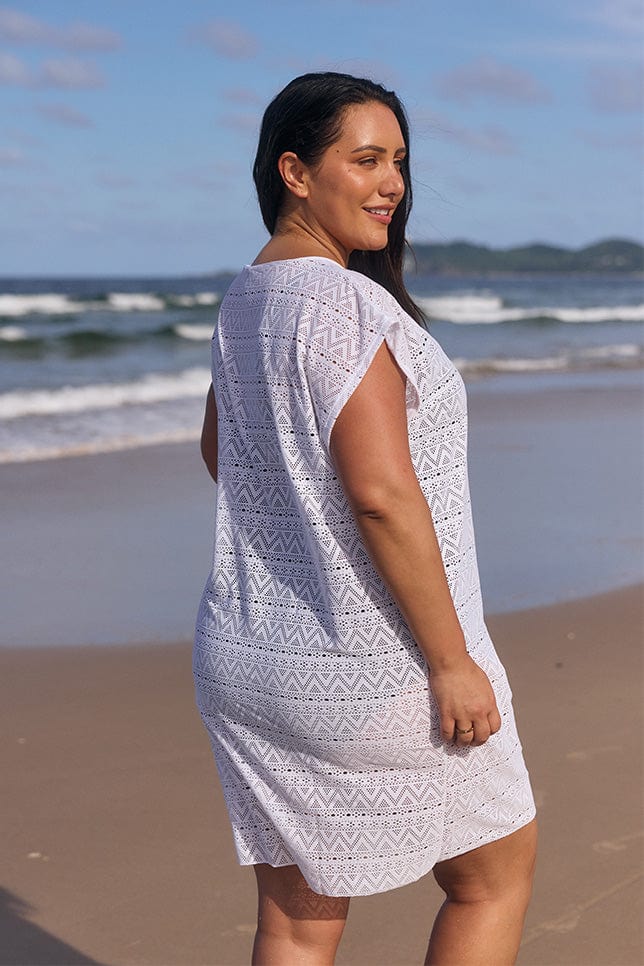 model showing back of white mesh beach dress