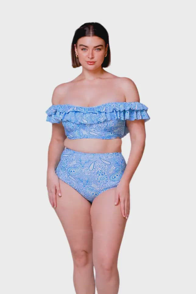 Santorini Blue Frill Off The Shoulder Bikini Top