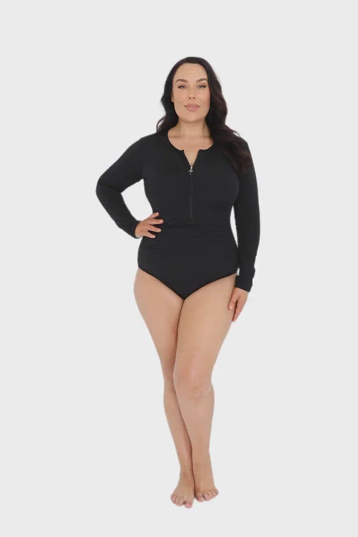 Chlorine Resistant Black Zip Front Long Sleeve One Piece Swimwear