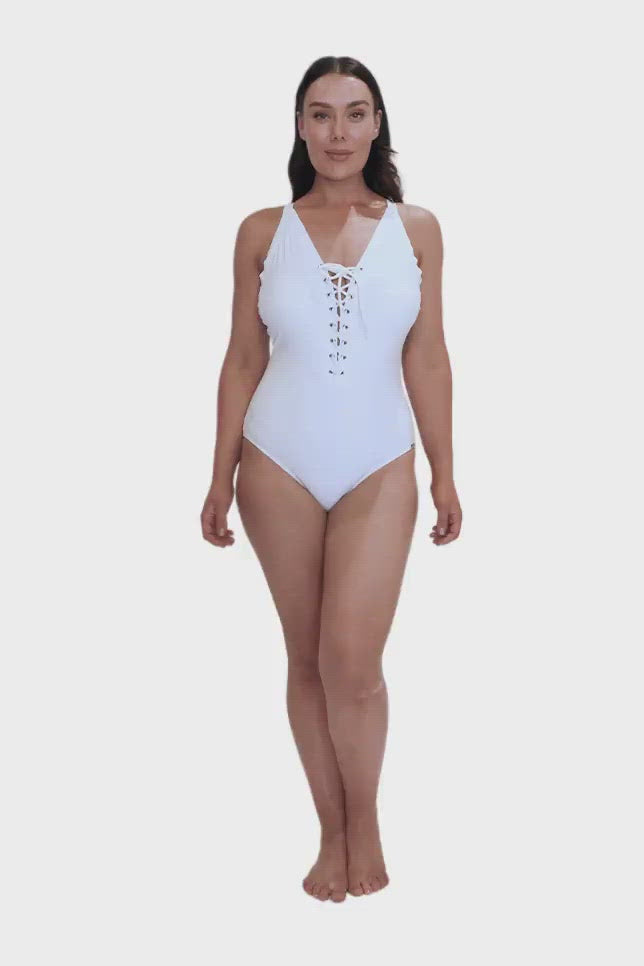 Lace Up One Piece White Curvy Swimwear Australia